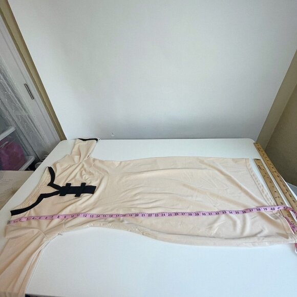 Vintage Split Neck Bowknot Sheath Dress Beige M 3/4 Flare Puff Sleeve Angel Boho - Picture 7 of 7